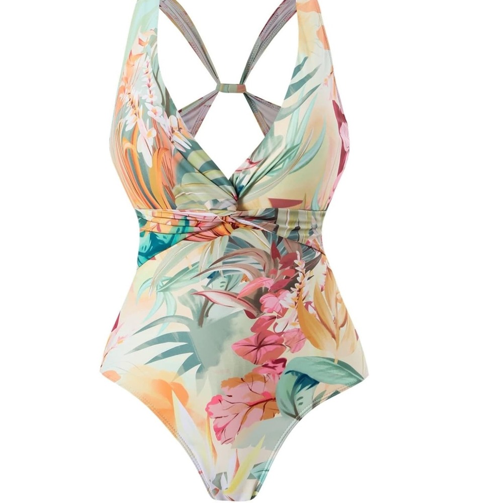 Floral One Piece Swimsuit Criss Cross Back Tropical Print XL